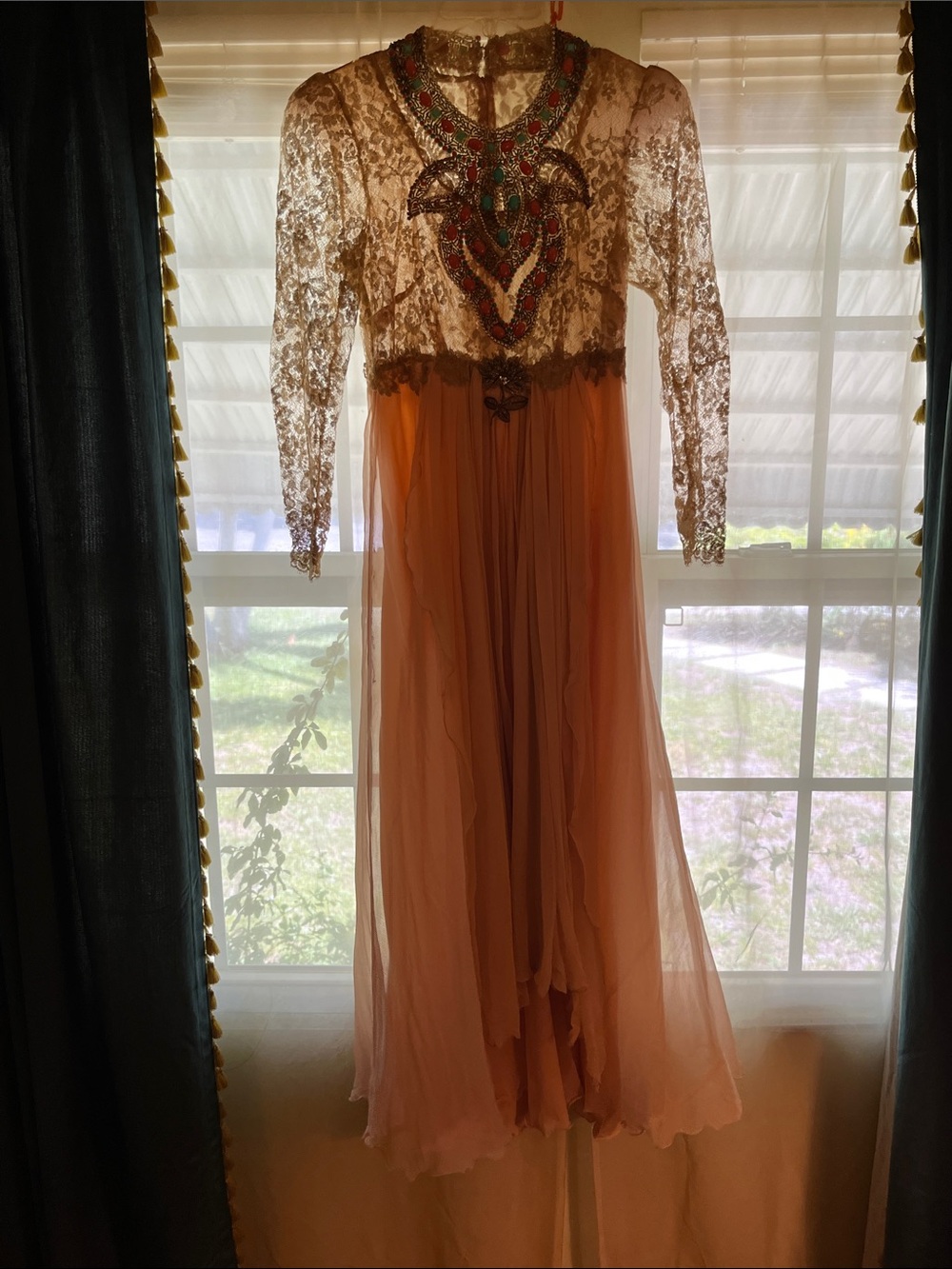 VINTAGE 1966 Turquoise & Coral Brocade Chiffon Ball Gown/Garden Hostess Dress